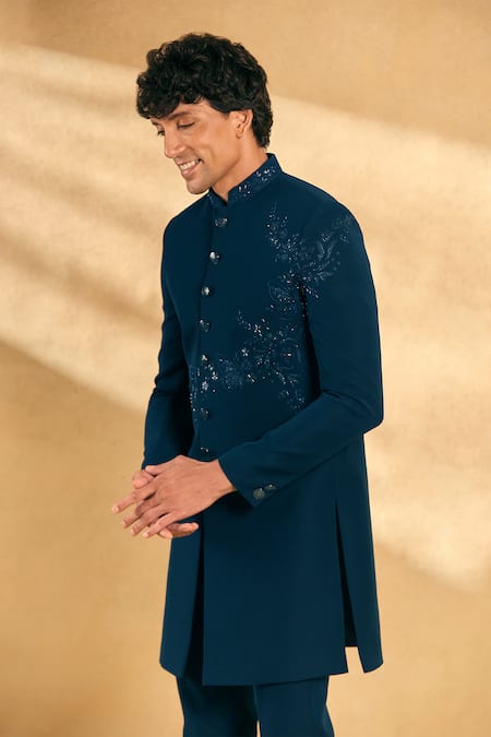 Aariyana Couture_Blue Silk Sequins, Beads Threadwork Floral Sherwani With Pant _at_Aza_Fashions