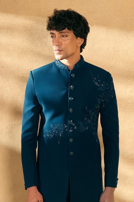 Buy_Aariyana Couture_Blue Silk Sequins, Beads Threadwork Floral Sherwani With Pant 