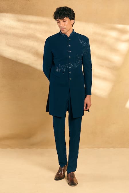 Shop_Aariyana Couture_Blue Silk Sequins, Beads Threadwork Floral Sherwani With Pant 