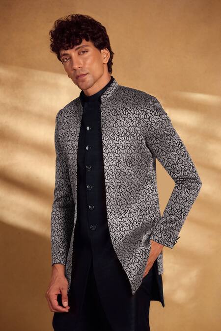 Buy_Aariyana Couture_Black Silk Embroidery Woven Floral Jacket Kurta Set_Online_at_Aza_Fashions