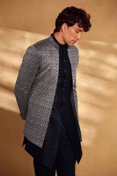 Shop_Aariyana Couture_Black Silk Embroidery Woven Floral Jacket Kurta Set_Online_at_Aza_Fashions