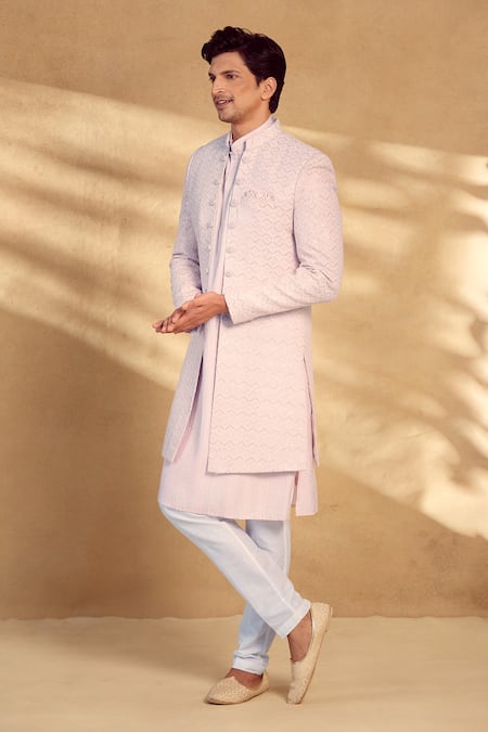 Aariyana Couture_Pink Silk, Polyester Sequins Chevron Embroidered Open Sherwani Pant Set _Online_at_Aza_Fashions