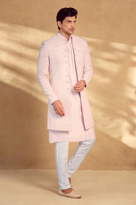 Buy_Aariyana Couture_Pink Silk, Polyester Sequins Chevron Embroidered Open Sherwani Pant Set _Online_at_Aza_Fashions