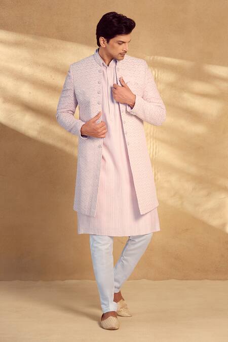 Shop_Aariyana Couture_Pink Silk, Polyester Sequins Chevron Embroidered Open Sherwani Pant Set _Online_at_Aza_Fashions
