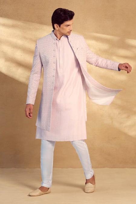 Aariyana Couture_Pink Silk, Polyester Sequins Chevron Embroidered Open Sherwani Pant Set _at_Aza_Fashions