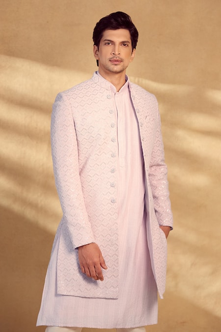 Buy_Aariyana Couture_Pink Silk, Polyester Sequins Chevron Embroidered Open Sherwani Pant Set 