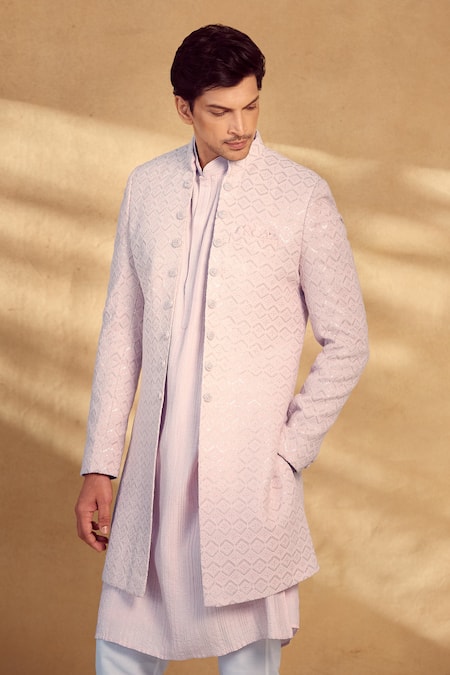 Shop_Aariyana Couture_Pink Silk, Polyester Sequins Chevron Embroidered Open Sherwani Pant Set 