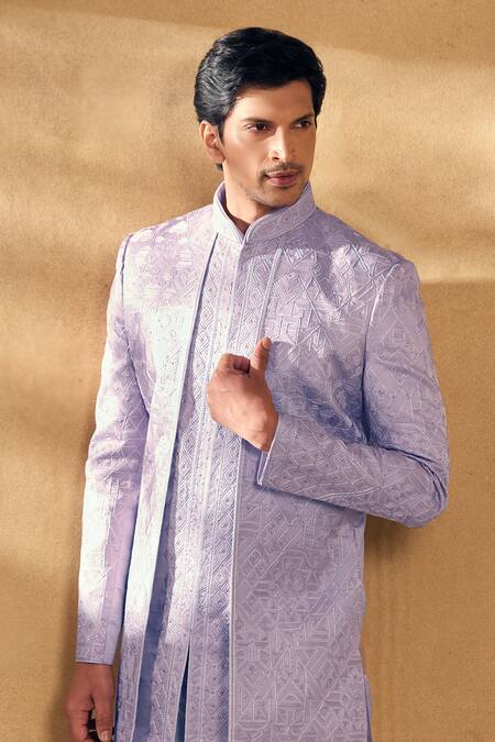 Aariyana Couture_Purple Silk, Polyester Embroidery Geometric Sherwani With Pant _Online_at_Aza_Fashions