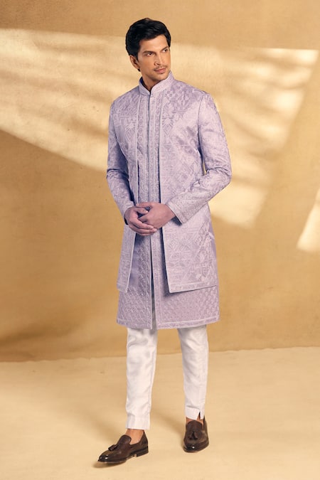 Buy_Aariyana Couture_Purple Silk, Polyester Embroidery Geometric Sherwani With Pant _Online_at_Aza_Fashions