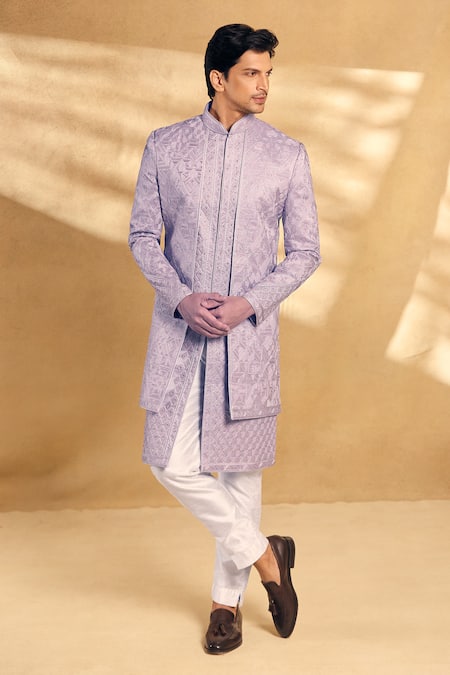 Shop_Aariyana Couture_Purple Silk, Polyester Embroidery Geometric Sherwani With Pant _Online_at_Aza_Fashions