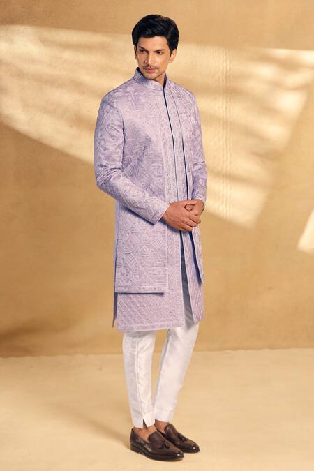 Aariyana Couture_Purple Silk, Polyester Embroidery Geometric Sherwani With Pant _at_Aza_Fashions