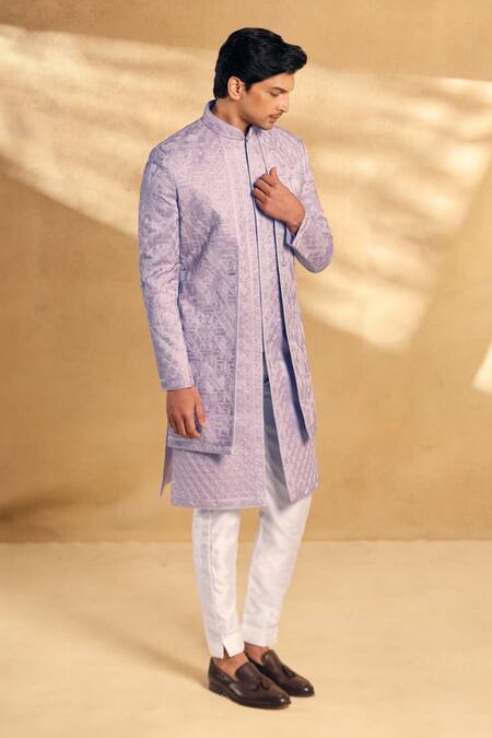 Buy_Aariyana Couture_Purple Silk, Polyester Embroidery Geometric Sherwani With Pant 