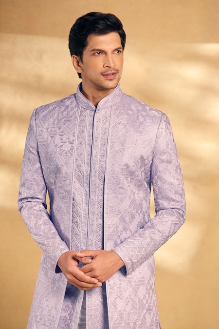 Shop_Aariyana Couture_Purple Silk, Polyester Embroidery Geometric Sherwani With Pant 