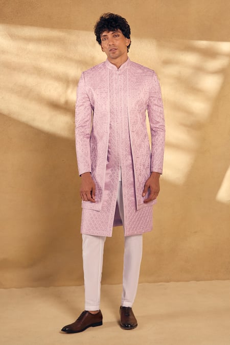 Buy_Aariyana Couture_Pink Silk Embroidery Overlap Panel Sherwani With Pant _Online_at_Aza_Fashions