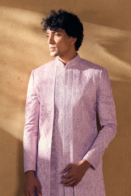 Shop_Aariyana Couture_Pink Silk Embroidery Overlap Panel Sherwani With Pant _Online_at_Aza_Fashions