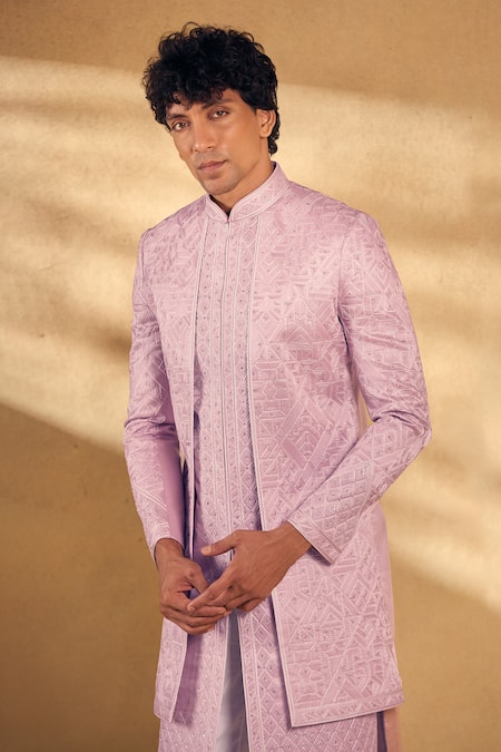 Aariyana Couture_Pink Silk Embroidery Overlap Panel Sherwani With Pant _at_Aza_Fashions