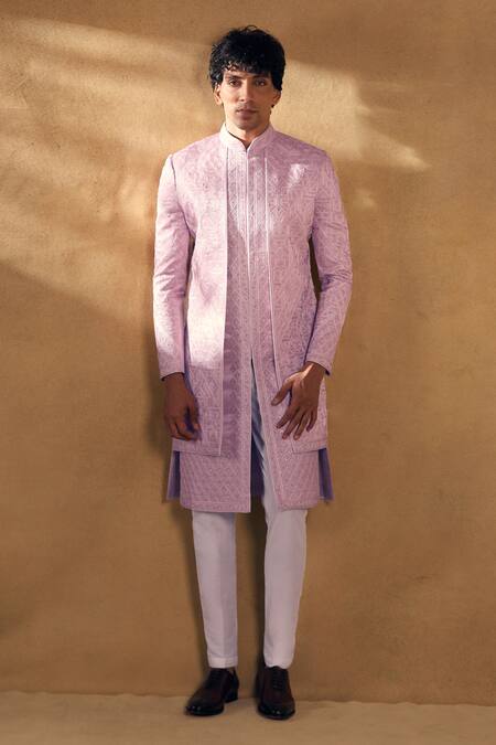 Buy_Aariyana Couture_Pink Silk Embroidery Overlap Panel Sherwani With Pant 