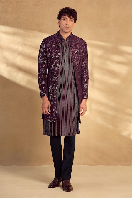 Alaya Advani Wine Pant Poly Silk Embellished Sequin Open Sherwani Set 