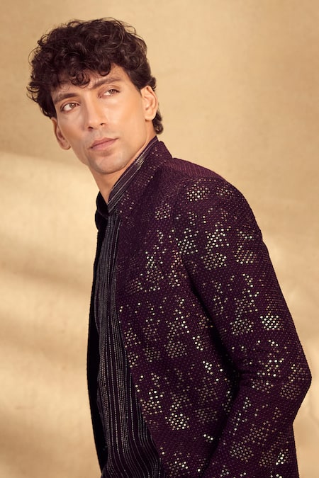 Aariyana Couture_Wine Silk, Polyester Sequins Open Sherwani Pant Set _Online_at_Aza_Fashions