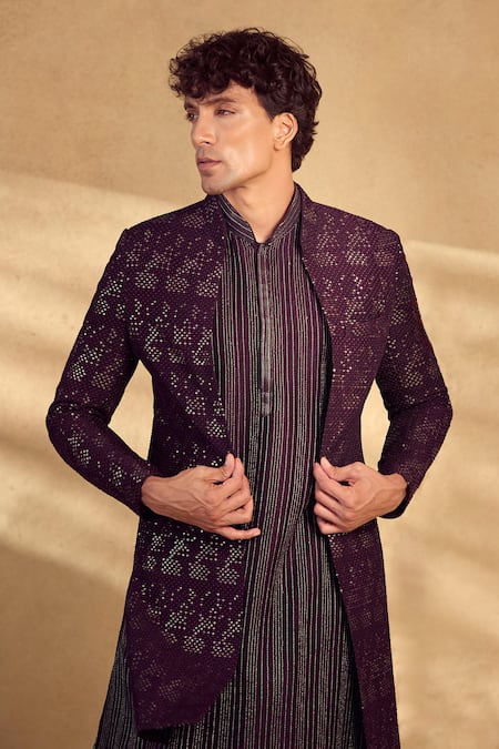 Buy_Aariyana Couture_Wine Silk, Polyester Sequins Open Sherwani Pant Set _Online_at_Aza_Fashions