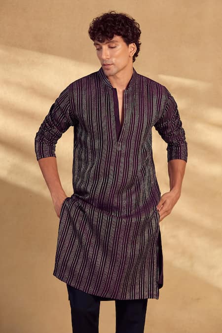 Shop_Aariyana Couture_Wine Silk, Polyester Sequins Open Sherwani Pant Set _Online_at_Aza_Fashions