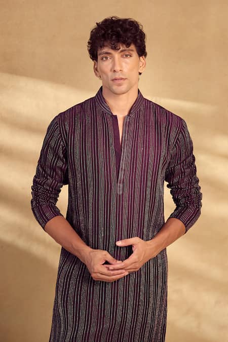 Aariyana Couture_Wine Silk, Polyester Sequins Open Sherwani Pant Set _at_Aza_Fashions