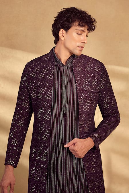 Buy_Aariyana Couture_Wine Silk, Polyester Sequins Open Sherwani Pant Set 