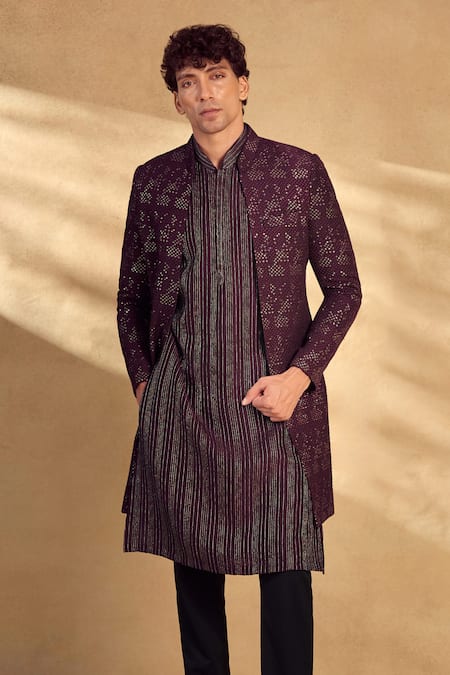 Shop_Aariyana Couture_Wine Silk, Polyester Sequins Open Sherwani Pant Set 