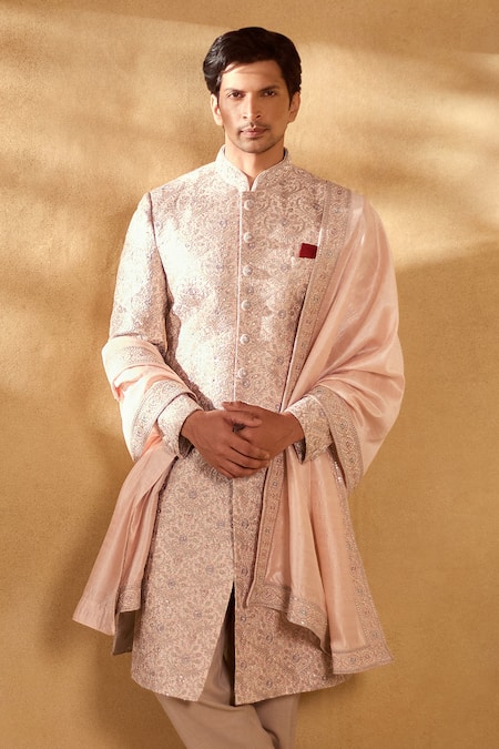 Alaya Advani Pink Sherwani And Stole Silk Embroidered Floral Jaal Set 