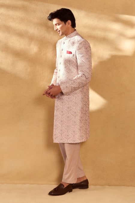 Shop_Aariyana Couture_Pink Silk, Polyester Embroidery Floral Jaal Sherwani Set_at_Aza_Fashions