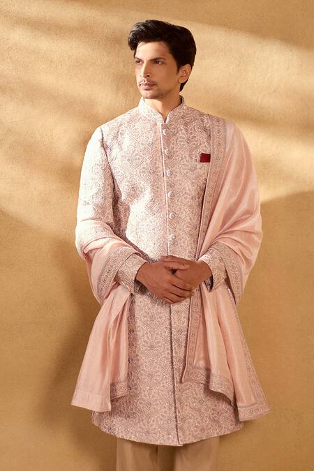 Aariyana Couture_Pink Silk, Polyester Embroidery Floral Jaal Sherwani Set_Online_at_Aza_Fashions