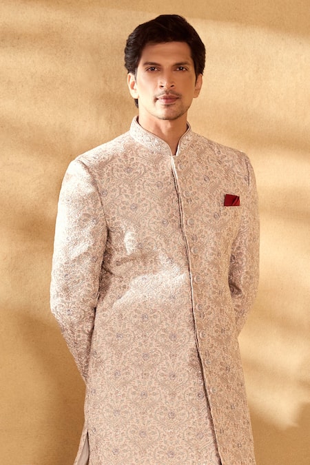 Aariyana Couture_Pink Silk, Polyester Embroidery Floral Jaal Sherwani Set_at_Aza_Fashions