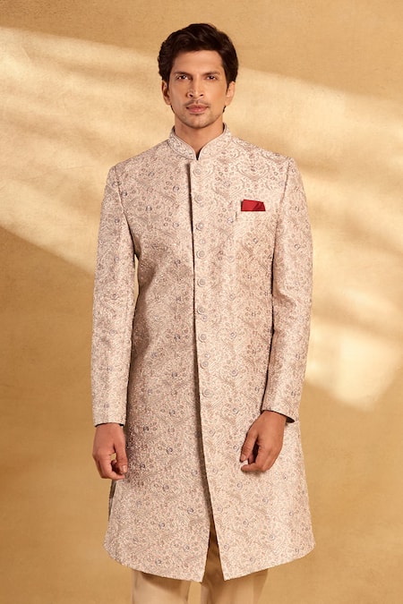 Shop_Aariyana Couture_Pink Silk, Polyester Embroidery Floral Jaal Sherwani Set