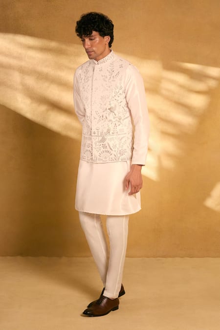 Aariyana Couture_Pink Silk, Polyester Cut Work, Stones Cutwork Floral Bundi Kurta Set _Online_at_Aza_Fashions