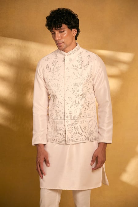 Buy_Aariyana Couture_Pink Silk, Polyester Cut Work, Stones Cutwork Floral Bundi Kurta Set _Online_at_Aza_Fashions