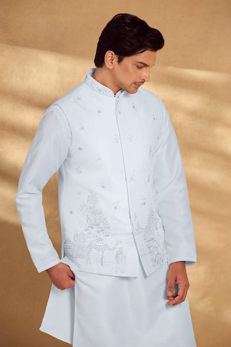 Aariyana Couture_White Silk, Polyester Stones, Embroidery Scenic Threadwork Bundi Kurta Set _Online_at_Aza_Fashions