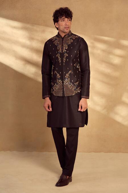 Shop Aariyana Couture Black Silk, Polyester Embroidery, Mirrors Floral Bundi Kurta Set Online at Aza Fashions Shop_Aariyana Couture_Black Silk, Polyester Embroidery, Mirrors Floral Bundi Kurta Set _Online_at_Aza_Fashions