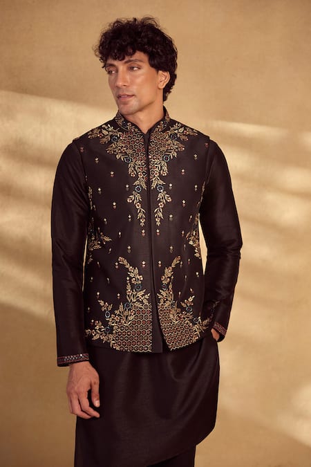 Buy Aariyana Couture Black Silk, Polyester Embroidery, Mirrors Floral Bundi Kurta Set Buy_Aariyana Couture_Black Silk, Polyester Embroidery, Mirrors Floral Bundi Kurta Set