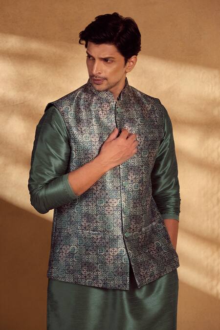 Buy Aariyana Couture Green Silk, Polyester Geometric Print Bandi Kurta Set Online at Aza Fashions Buy_Aariyana Couture_Green Silk, Polyester Geometric Print Bandi Kurta Set _Online_at_Aza_Fashions