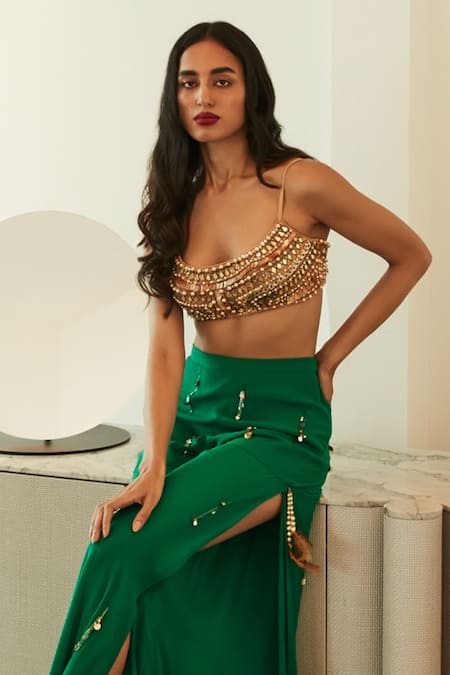 Buy_Dilnaz_Gold Net Hand Embroidered Mirror Deep Round Neck Pearl And Blouse_Online_at_Aza_Fashions