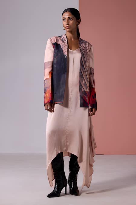 JYOTI SACHDEV IYER Peach Linen Satin Printed New York Open Front Jacket 