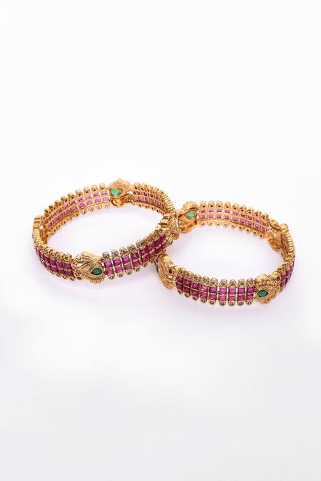 Our Purple Studio_Gold Plated Crystals Artificial Stone Embellished Floral Bangles 2pcs _Online_at_Aza_Fashions