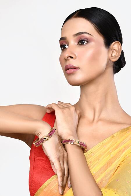 Buy_Our Purple Studio_Gold Plated Crystals Artificial Stone Embellished Floral Bangles 2pcs _Online_at_Aza_Fashions