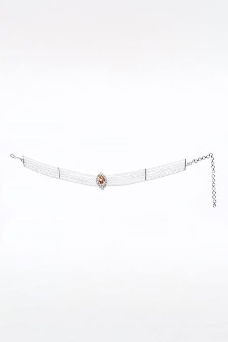 Our Purple Studio_White Crystals, Stones Bud Embellished Pearl Choker Set _Online_at_Aza_Fashions