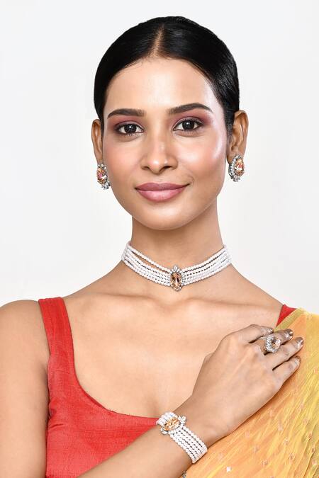 Shop_Our Purple Studio_White Crystals, Stones Bud Embellished Pearl Choker Set 