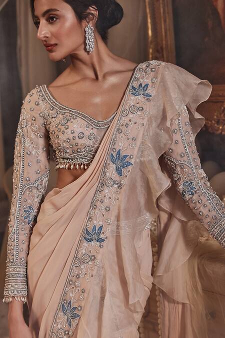 Roqa_Peach Georgette, Organza Adileh Border Embroidered Pre-draped Saree With Blouse _Online_at_Aza_Fashions