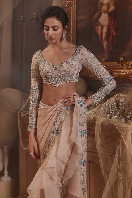 Buy_Roqa_Peach Georgette, Organza Adileh Border Embroidered Pre-draped Saree With Blouse _Online_at_Aza_Fashions