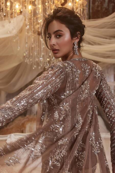 Shop_Roqa_Brown Georgette, Net Antares Border Embroidered Pre-draped Saree Set With Cape _Online_at_Aza_Fashions