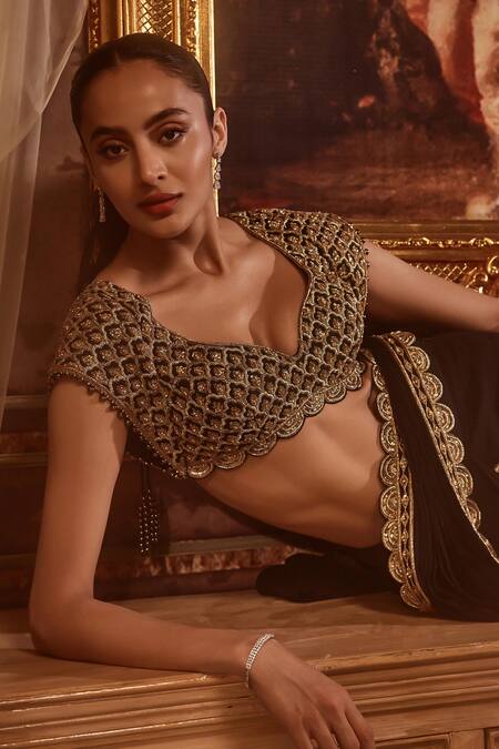 Shop_Roqa_Black Silk, Caelia Scallop Border Embroidered Pre-draped Saree With Blouse _Online_at_Aza_Fashions
