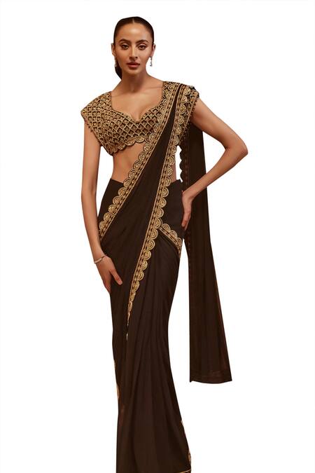 Shop_Roqa_Black Silk, Caelia Scallop Border Embroidered Pre-draped Saree With Blouse 